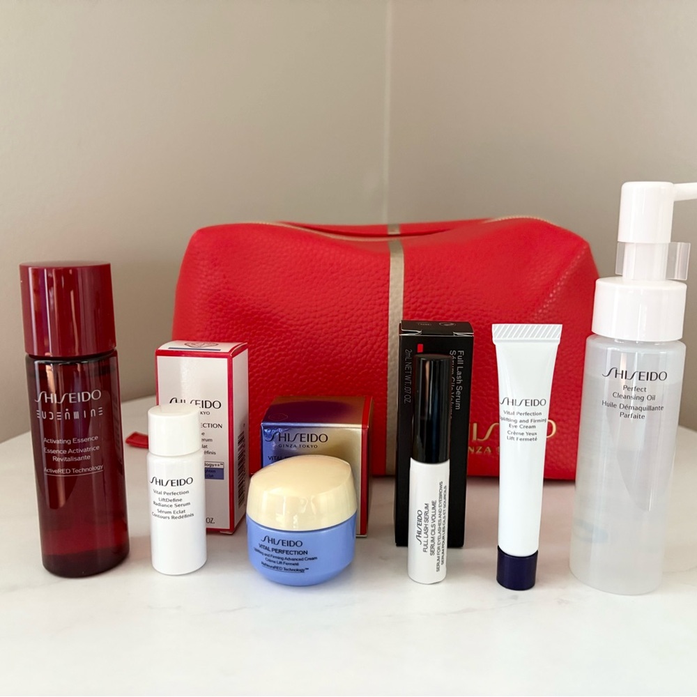 Shiseido Red Cosmetic Bag with Skincare Essentials